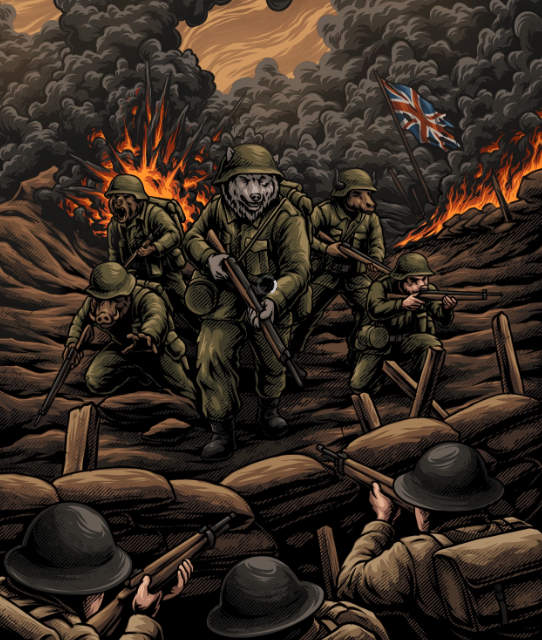 Beast men in a battle scene in the Great War